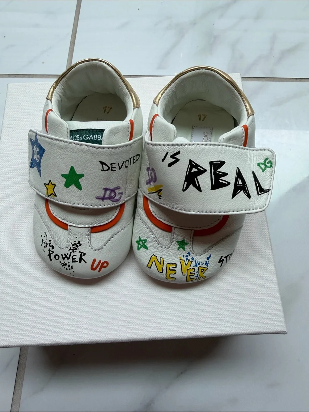 Dolce & Gabbana White Leather Graffiti Strap Baby Sneakers